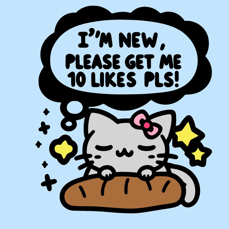 kitty taking a nap dream talking and saying "i'm new, please get me at least 10 likes pls!!"