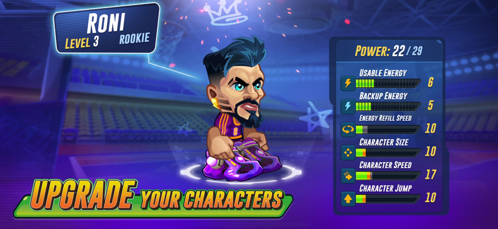 Basketball Arena - Sports Game - Character customization menu in Basketball Arena showing player stats and upgrade options