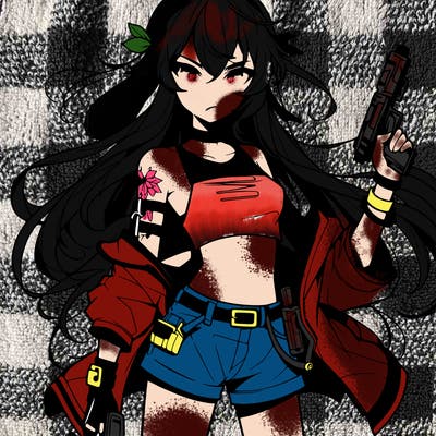 bad girl wearing crop top holding a gun long hair anime