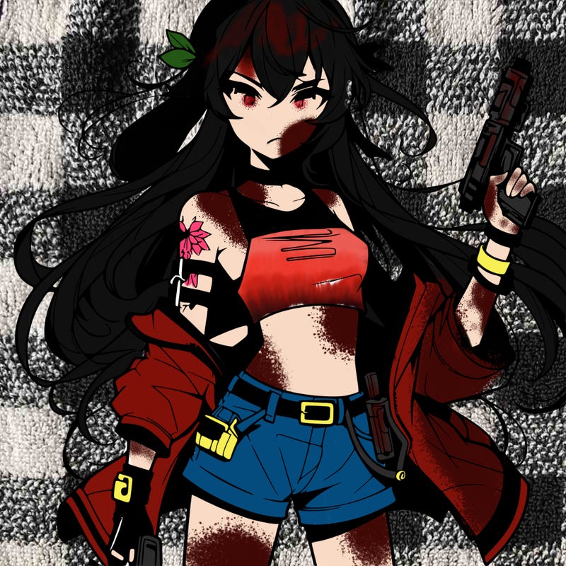 bad girl wearing crop top holding a gun long hair anime