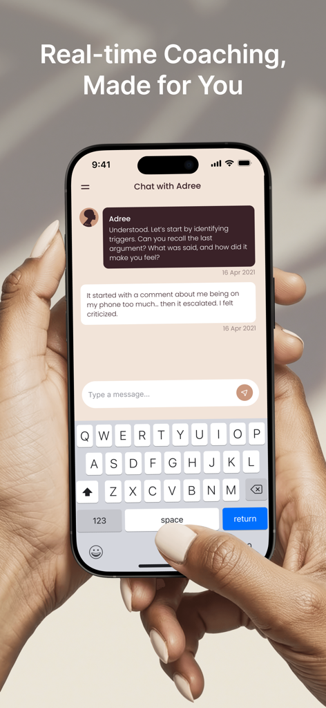Adree - A woman holding a smartphone using the Adree app for real-time AI relationship coaching chat.