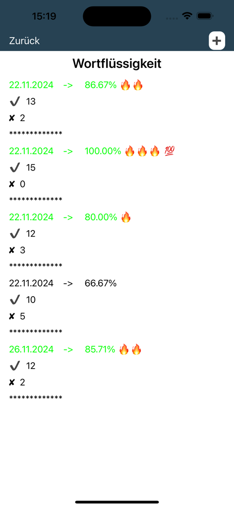 MedAT Vision - Un écran de l'application MedAT Vision affichant une liste de résultats d'exercices de fluidité verbale, y compris les dates, les scores et les pourcentages de précision.