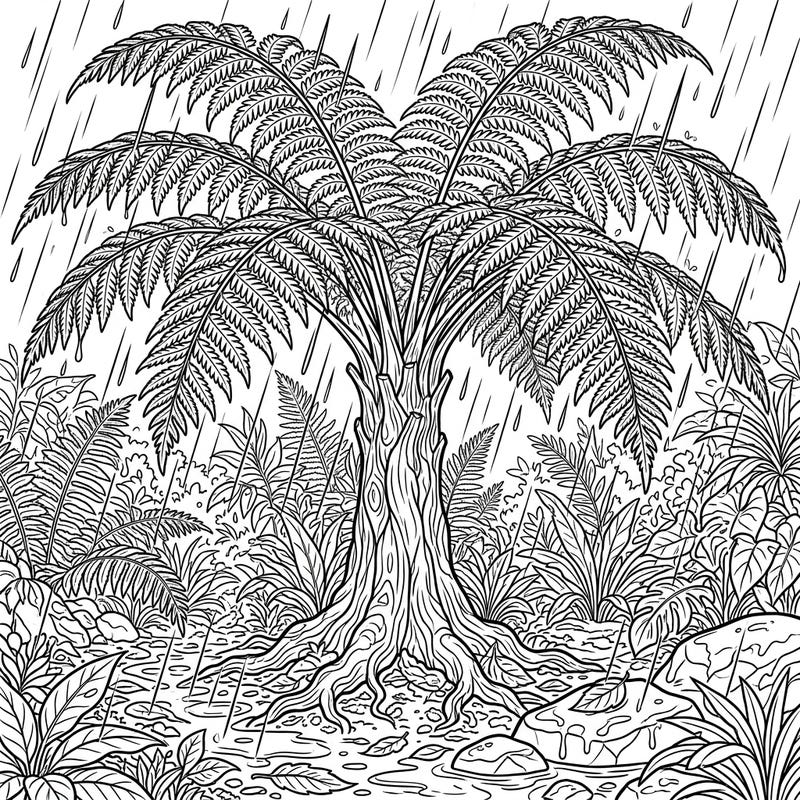 Immerse yourself in the calming beauty of a tree fern amidst a gentle rain shower. This intricate design captures the serene atmosphere of a rainy day in nature, perfect for a relaxing coloring session.