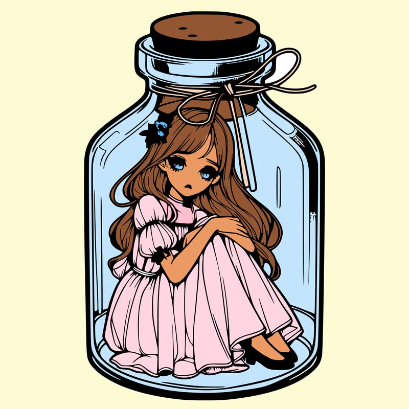beautiful realistic girl trapped in bottle