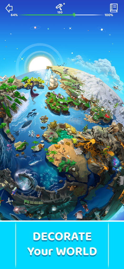 Doodle God: Alchemy Craft DIY - Un planeta vibrante siendo decorado con animales, edificios y naturaleza en el Modo Planeta de Doodle God.