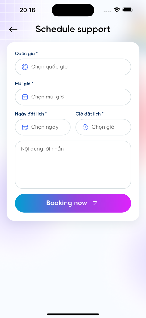 S7S System Seven - Mobile app interface for scheduling support with fields for date time and timezone selection