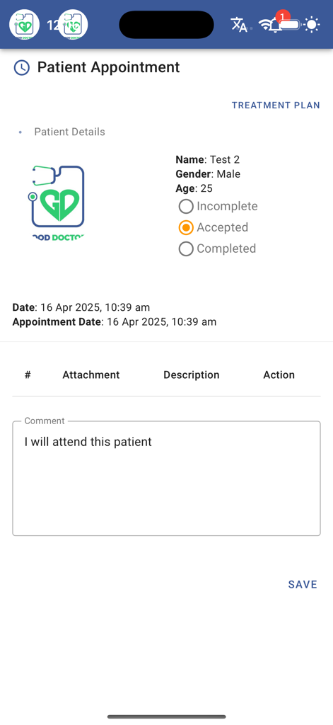 Interfaz de la aplicación Good Doctor que muestra los detalles de la cita del paciente y el estado del tratamiento