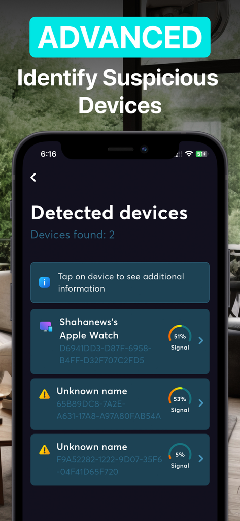 Hidden Camera Spy Detector Hid - iPhone screen displaying a list of detected devices and signal strength in a spy camera detector app