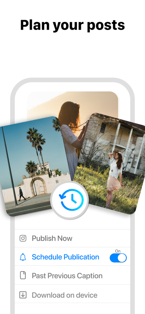 Feed Preview: Ig Grid Layout - Instagramの投稿計画とスケジュールオプションを示すFeed Previewアプリのインターフェイス。