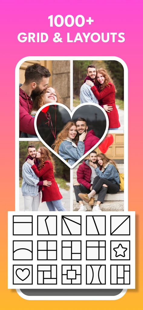 Pic Collage Maker - Photo Grid - Interfaz de aplicación móvil que muestra un collage de fotos en forma de corazón y varias opciones de diseño