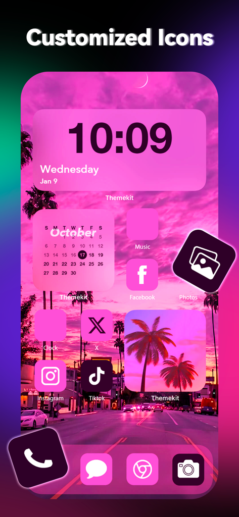 ThemeKit: Widget & Icon Themes - A customized iPhone home screen with a pink sunset aesthetic theme including custom app icons and widgets