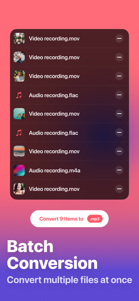 Uno screenshot dell'interfaccia dell'app Audio Converter che mostra la funzione di conversione batch per più file video e audio.