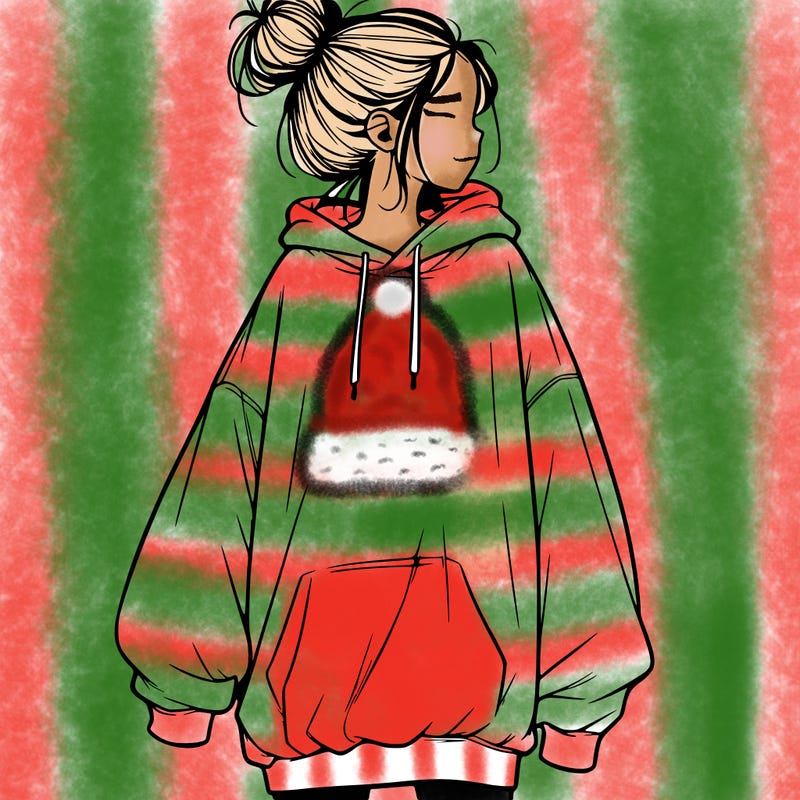 realistic girl with a oversized sweatshirt on and a bun