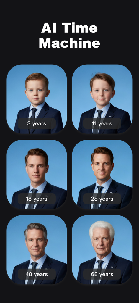 PixMuse: AI Photo Editor - A series of realistic portraits showing AI age transformation from childhood to old age