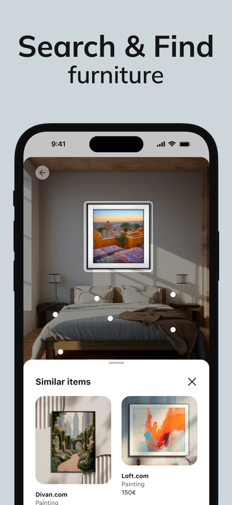 Captura de pantalla de la aplicación Interior AI que muestra la función Buscar y Encontrar muebles con recomendaciones de productos de arte de pared similares