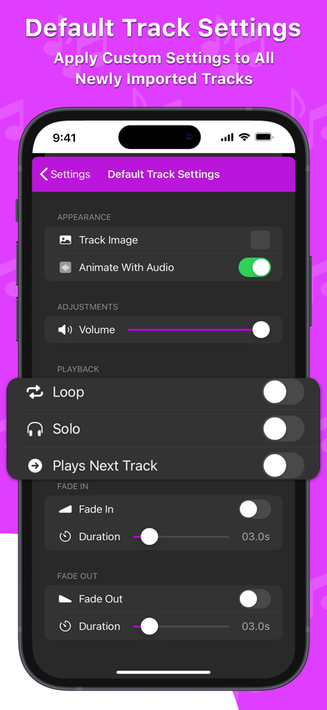 Soundboard Studio - Interface showing the default track settings for audio playback in Soundboard Studio app on a smartphone