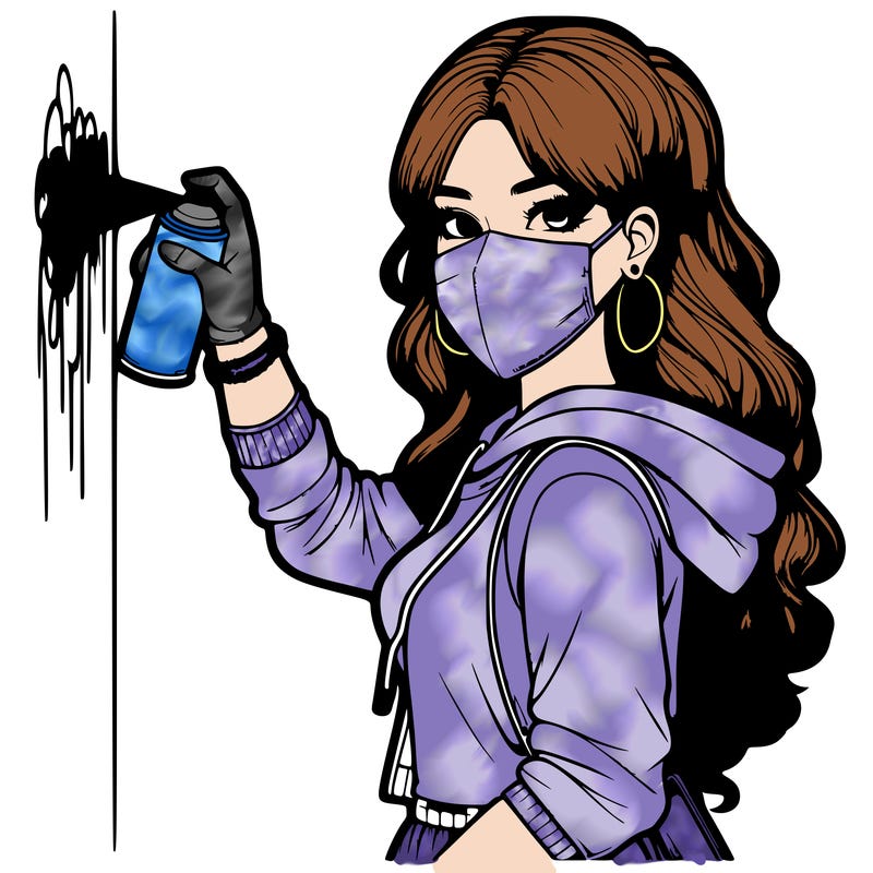 realistic girl with mask spray painting a wall