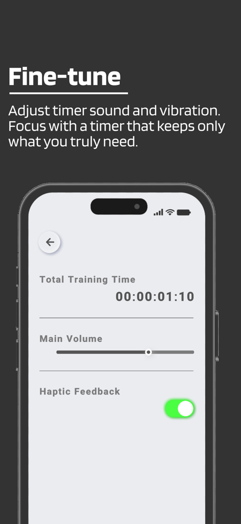 Smartphone screen showing sound volume and haptic feedback settings in the HIIT Timer app