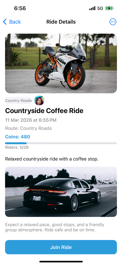 Nomad- - Pantalla de la aplicación Nomad que muestra los detalles de un evento de ruta Countryside Coffee Ride con un botón Unirse a la ruta.