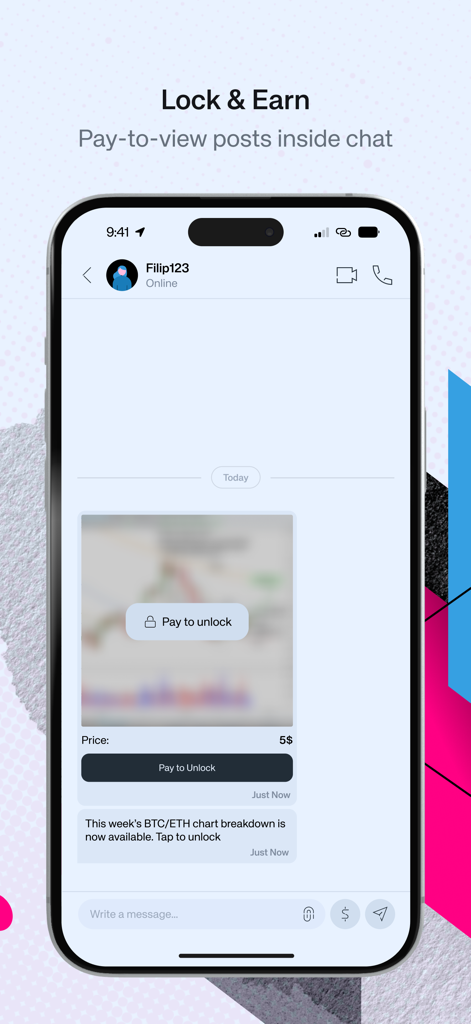 TOMI Web3 SuperApp chat interface showing a pay-to-view locked image for content monetization