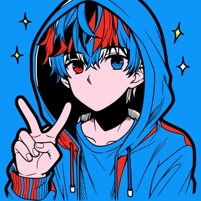 teenage manga boy in a hoodie, doing ✌