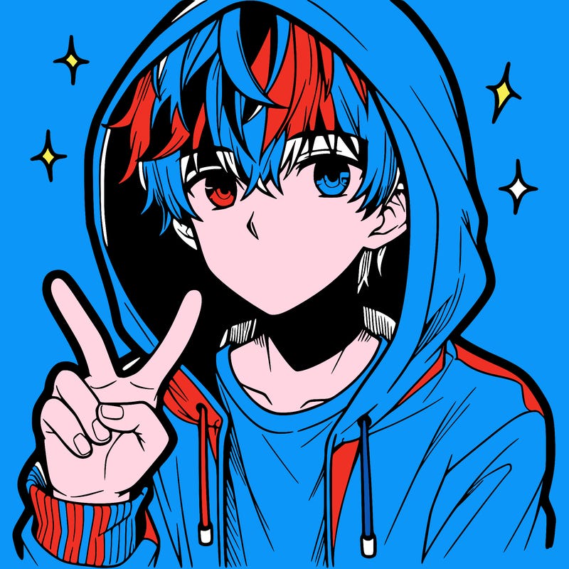 teenage manga boy in a hoodie, doing ✌
