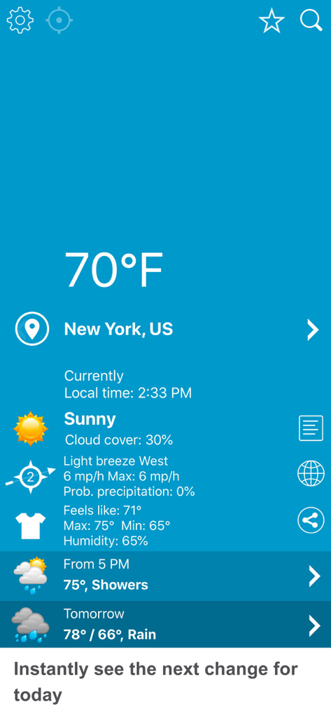 Capture d'écran de l'application Weather XL PRO montrant la météo actuelle à New York et les prochaines modifications des prévisions.