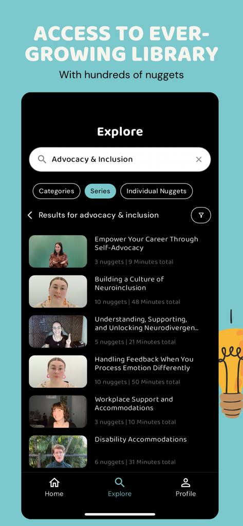 Kaboose - A screenshot of the Kaboose app explore screen displaying a library of videos on advocacy and inclusion.