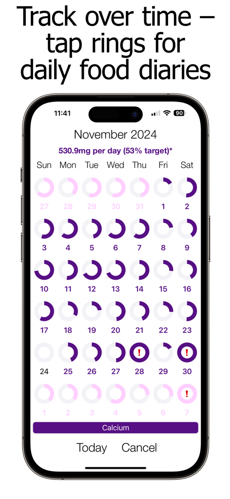Calcium Counter and Tracker - Monthly calendar view of daily calcium intake progress with color coded rings