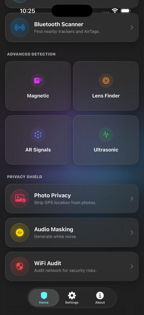 Stop Stalker - Stop Stalker app home screen featuring hidden device detection and privacy tools
