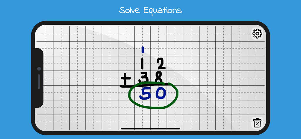 A simple math addition problem on a grid paper background within the BabySmart app interface