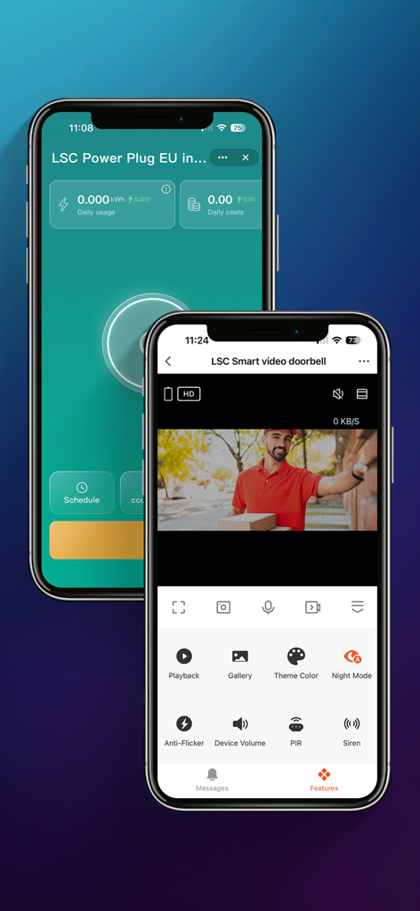 LSC Smart Connect - Interface of the LSC Smart Connect app showing a live video doorbell feed and power plug energy monitoring on two mobile phones.
