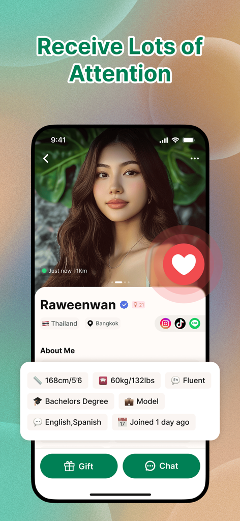 Higo: Local Meet Global - A verified user profile of a woman in Bangkok on the Higo travel dating app featuring chat and social options.