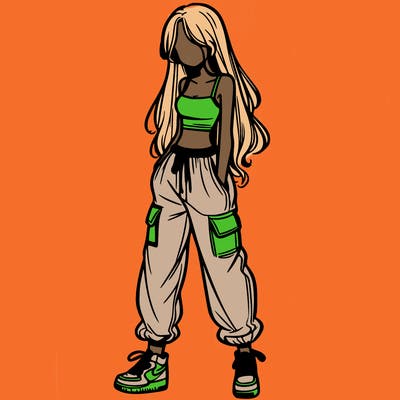 girl in baggy pants crop top and long hair