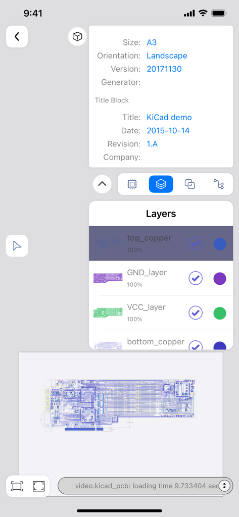 KiCAD PCB Viewer - Interfaz móvil de KiCAD PCB Viewer que muestra las capas de la placa y los detalles del diseño