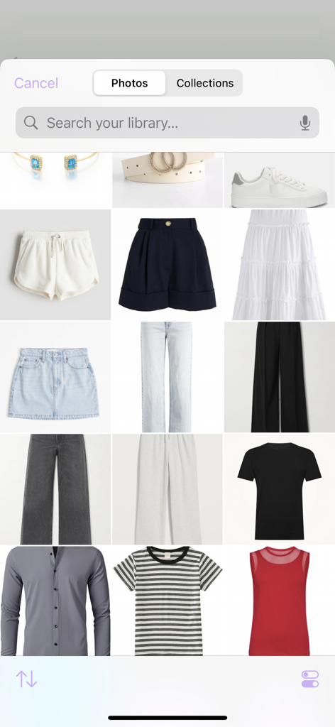 DigitalDresser - A digital wardrobe library showing a grid of clothing items and a search bar