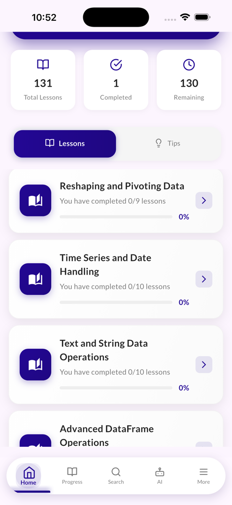 Learn Pandas - Python Data - Home screen of the Learn Pandas app showing progress tracking and Python data analysis course modules