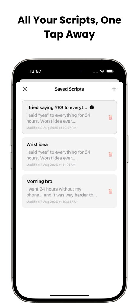 Interface of the CueCam app showing a list of saved scripts for video recording content creators