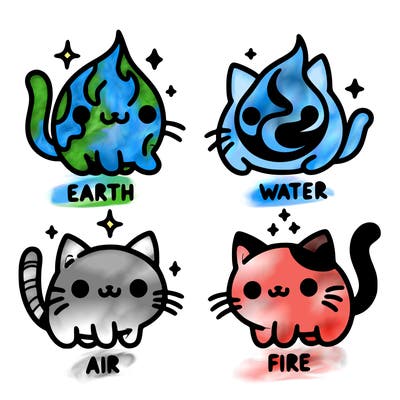 4 cats that represent the different elements, earth, water, air, and fire