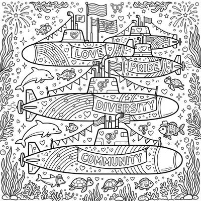 Unleash your creativity with this extraordinary coloring page featuring military submarines celebrating Pride Month! Dive into an underwater world filled with symbols of love, diversity, and community, ready for your vibrant touch.