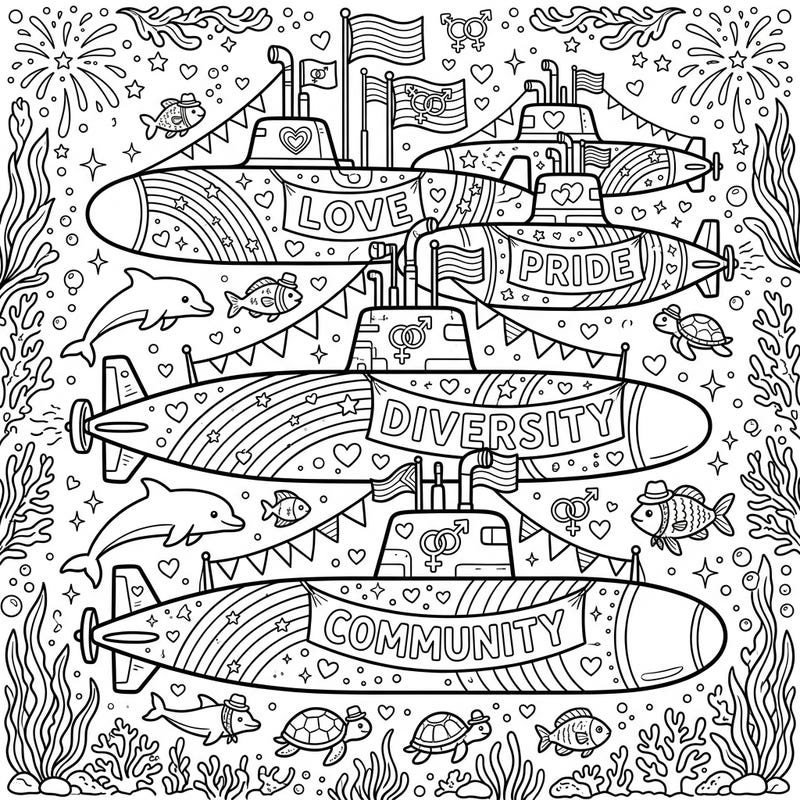 Unleash your creativity with this extraordinary coloring page featuring military submarines celebrating Pride Month! Dive into an underwater world filled with symbols of love, diversity, and community, ready for your vibrant touch.