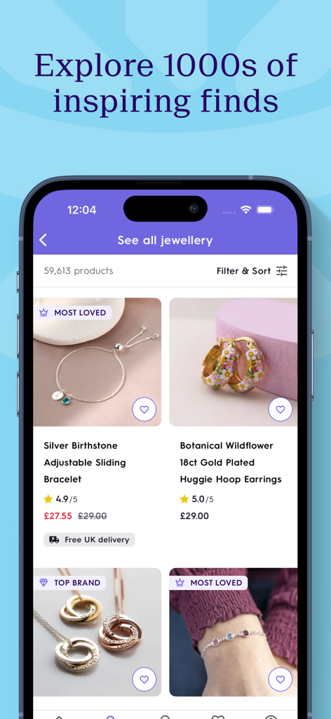 The Not On The High Street mobile app displaying a curated collection of unique jewelry including personalized bracelets and floral earrings