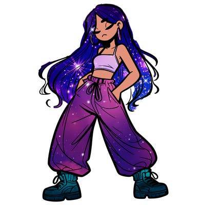 girl in baggy pants crop top and long hair