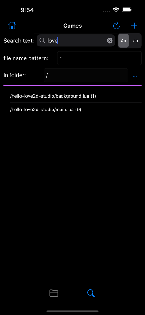 Love2D Studio - Una interfaz de búsqueda de archivos en la aplicación Love2D Studio que muestra scripts Lua como main.lua y background.lua