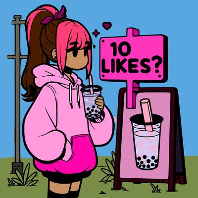 girl with oversized hoodie drinking boba and she has a high ponytail with a sign that says 10likes?