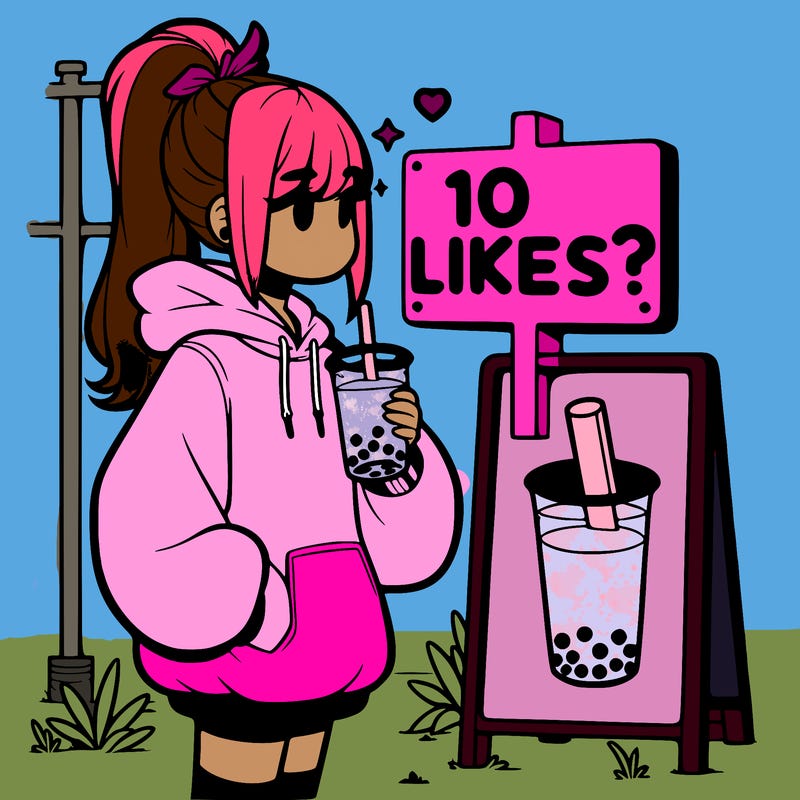 girl with oversized hoodie drinking boba and she has a high ponytail with a sign that says 10likes?