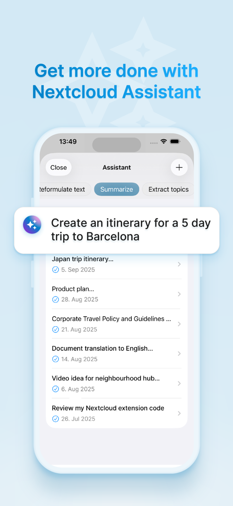 Nextcloud Assistant AI interface on an iPhone displaying automated productivity tools and task management