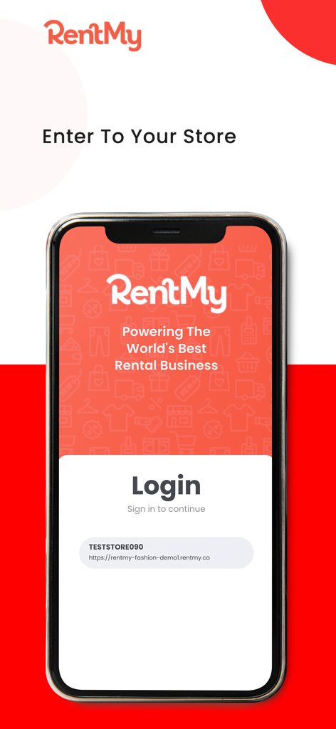 RentMy Rental Software - Login-Bildschirm der RentMy mobilen App für die Verwaltung von Mietobjekten