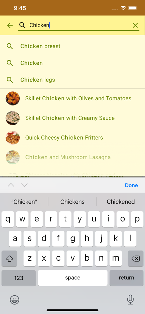 A mobile interface of the LaLena app displaying search results for chicken recipes including skillet chicken and fritters
