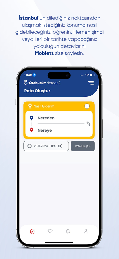 Otobüsüm Nerede - Schermata di pianificazione del percorso dell'app Otobusum Nerede per la navigazione dei trasporti pubblici di Istanbul.